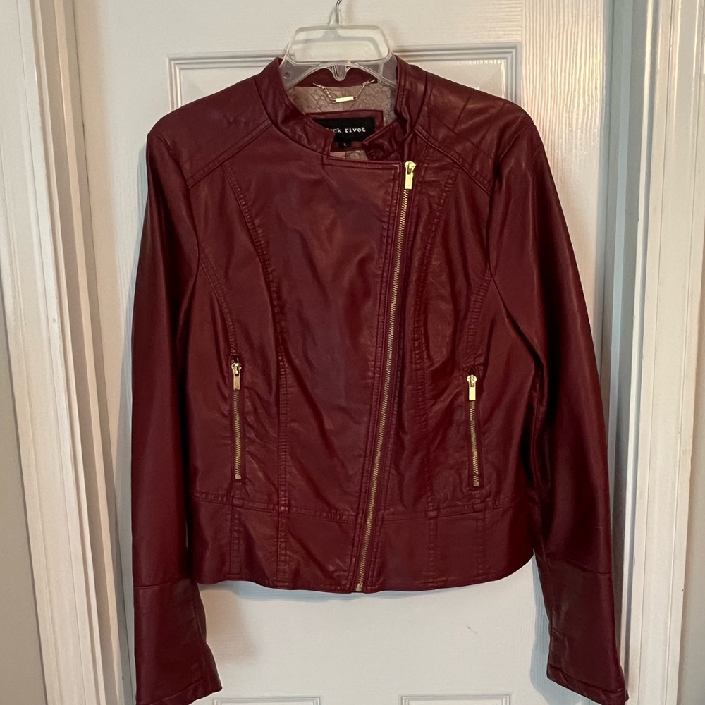 Maroon Leather, gold zip jacket - Large
